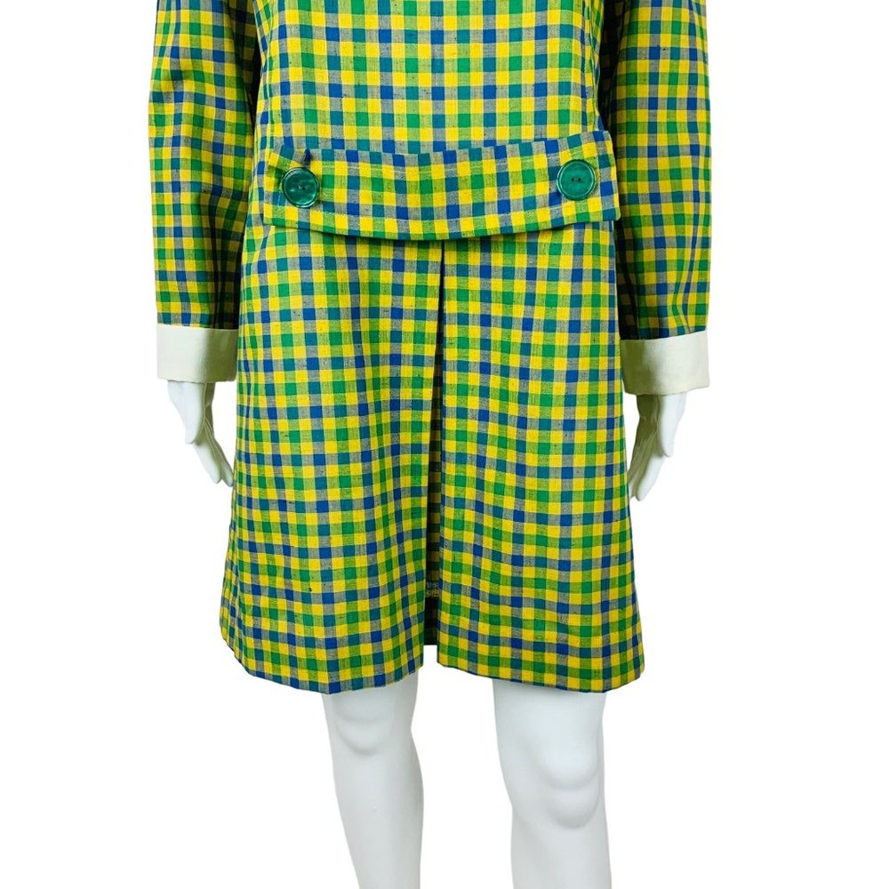 Vintage 1960s Checkered Dress Blue Green Schoolgirl Peter Pan Collar Sears - Picture 6 of 11